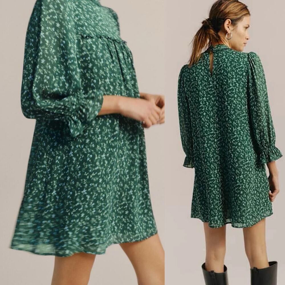 Reformation Ottilie High/Mock Neck Long Sleeve Floral Mini Dress Green Medium